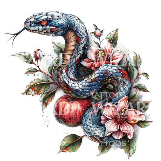 Neotraditional Snake and Apple Tattoo Design