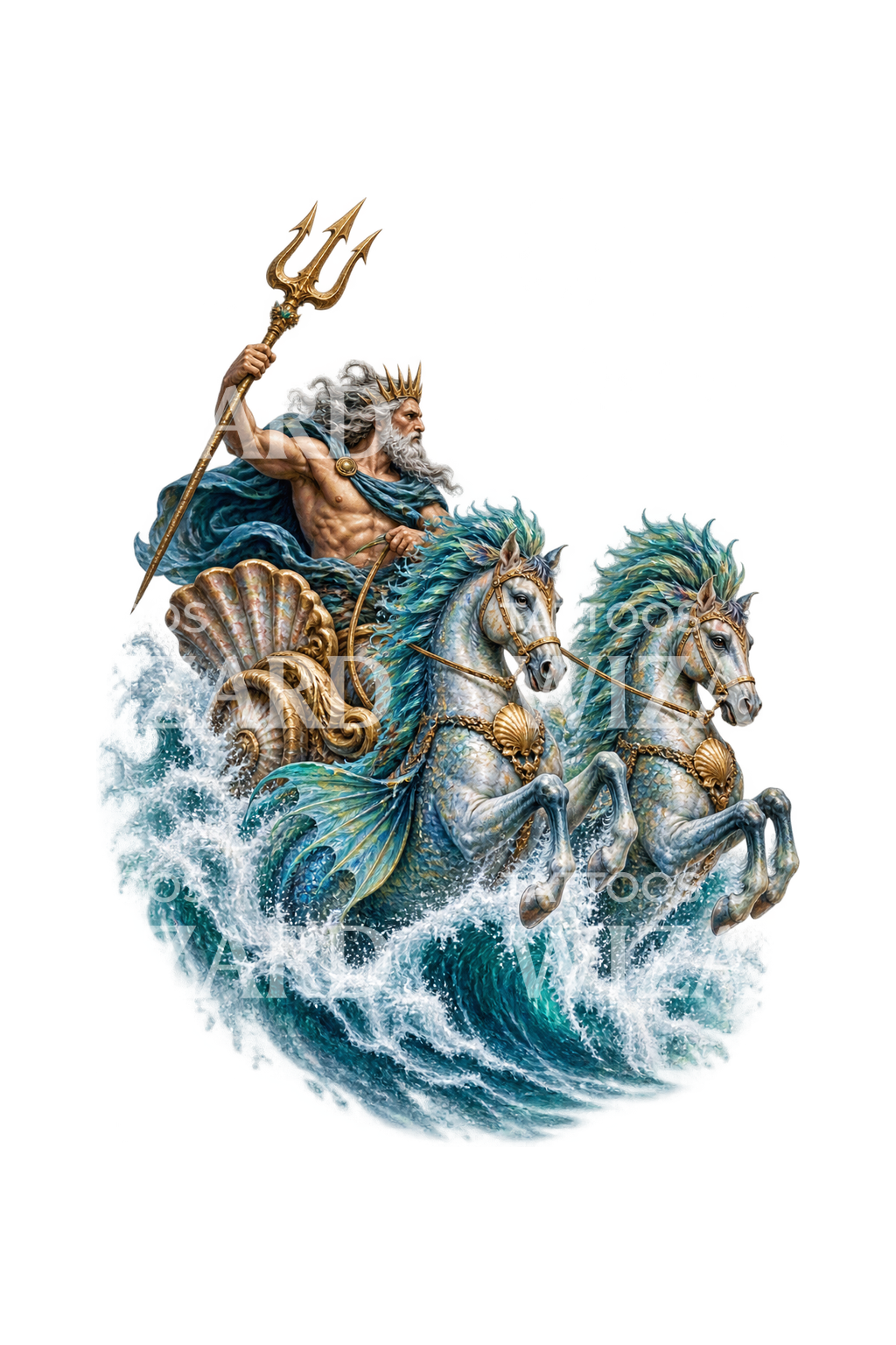 Diseño de tatuaje de Neptuno en un carro de caballitos de mar