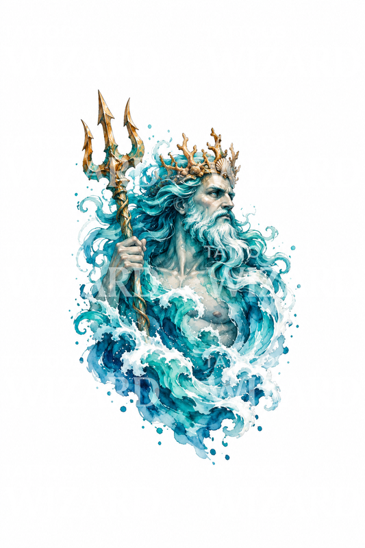 Tattoo-Illustration: Neptun steigt aus türkisfarbenen Wellen