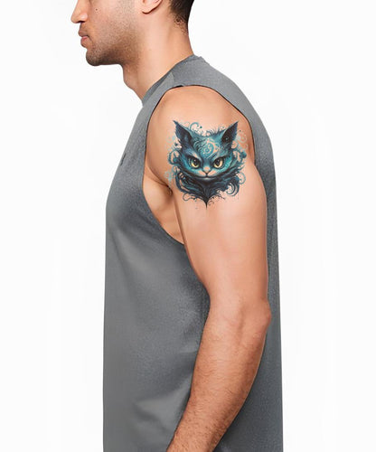 Diseño de tatuaje del gato de Cheshire de nueva escuela