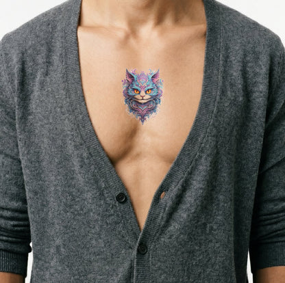 Diseño de tatuaje rosa del gato de Cheshire de New School