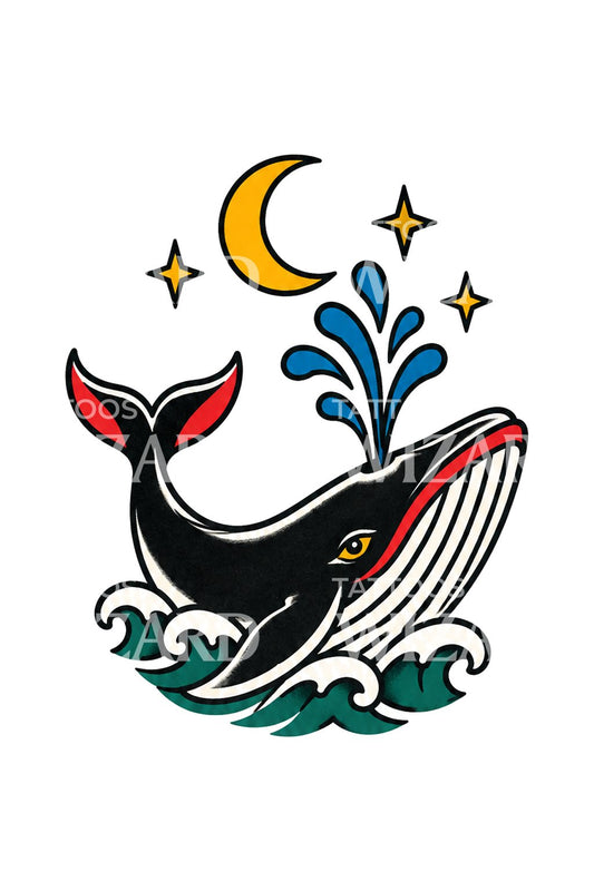 Night Sea Whale Blowing Spray Flash Tattoo Design
