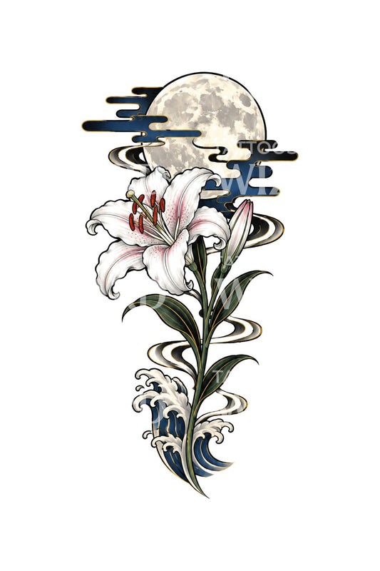 Vigilia nocturna: ilustración de tatuaje de lirio, luna y olas
