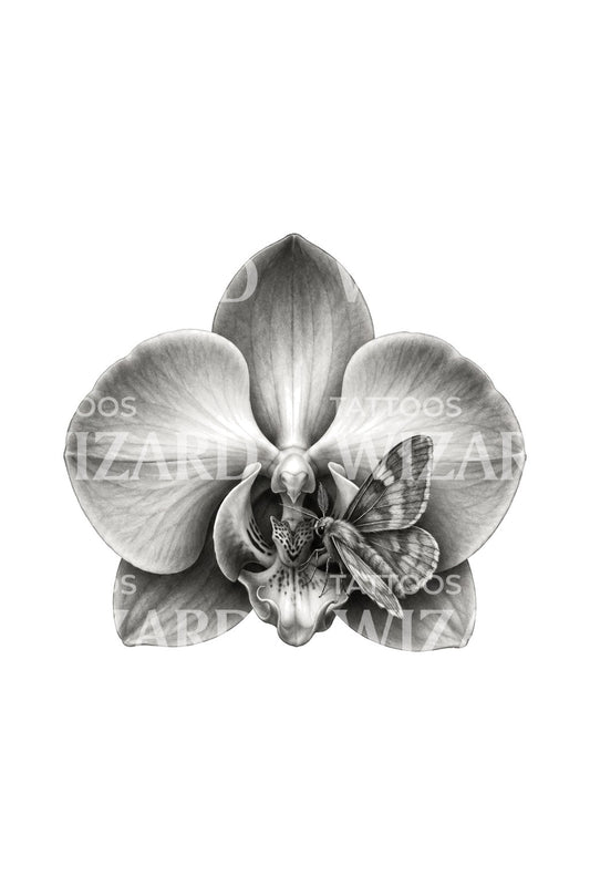 Ilustrace tetování nočního návštěvníka na šedé orchideji
