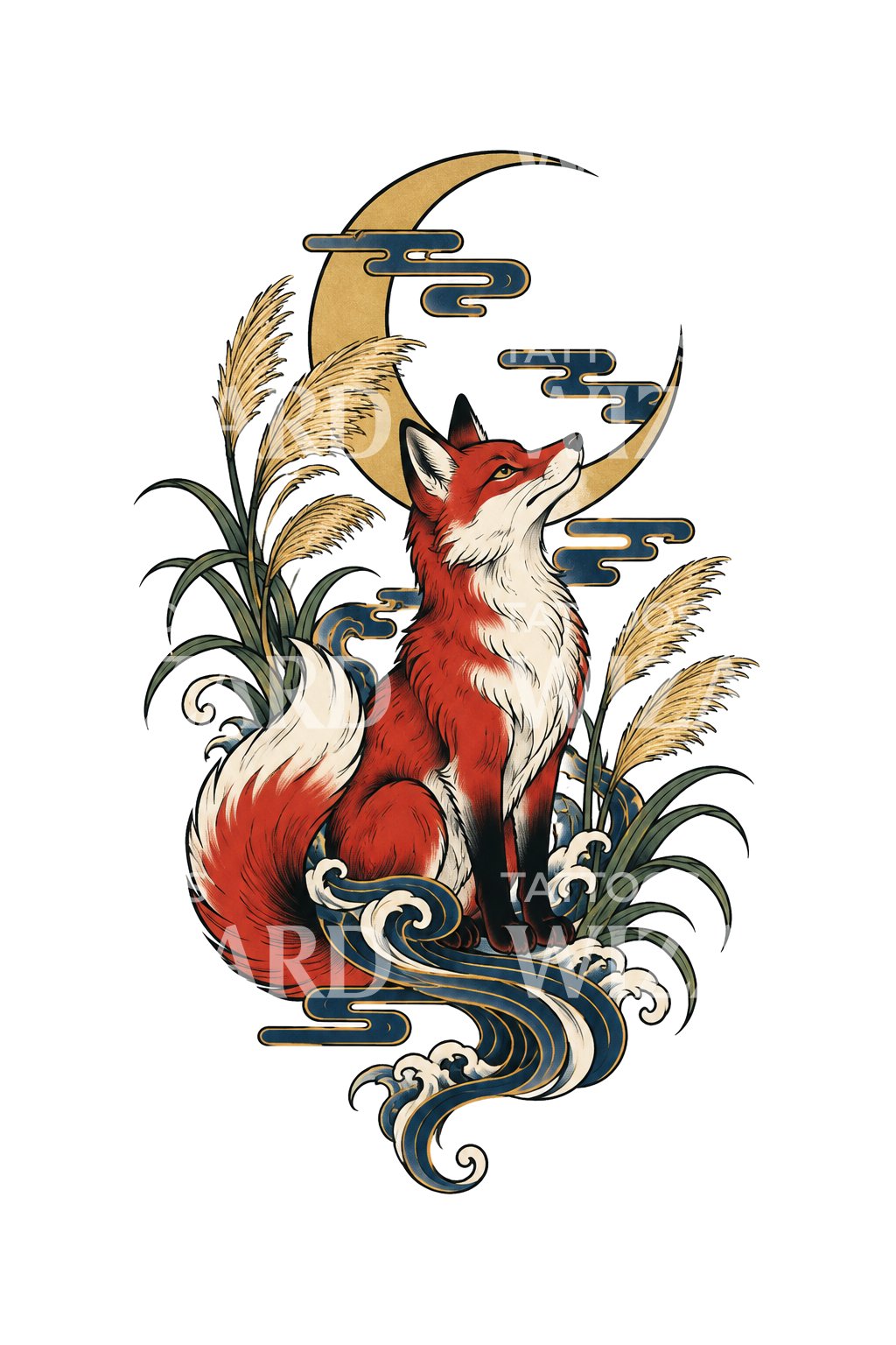 Night Wanderer Fox Irezumi Tattoo Illustration