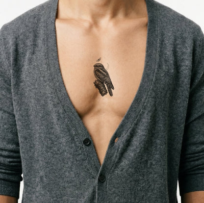 Tatoveringsdesign med natugle på en mosbegroet gren