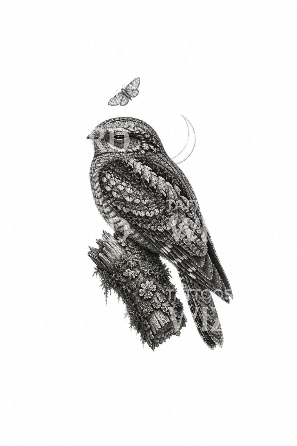 Tatoveringsdesign med natugle på en mosbegroet gren