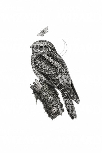 Tatoveringsdesign med natugle på en mosbegroet gren