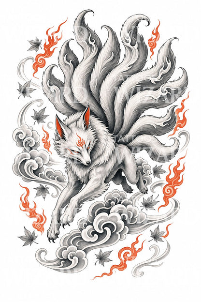 Desenho de tatuagem de espírito de raposa de nove caudas