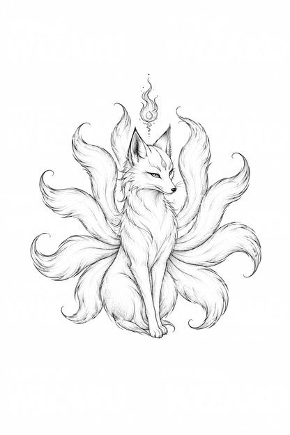 Japonská liška kitsune s devíti ocasy, fine line tetování