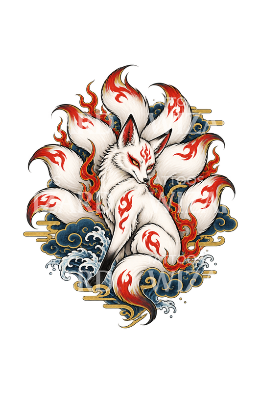 Neunschwänziger Kitsune-Fuchs mit Flammen, japanisches Tattoo