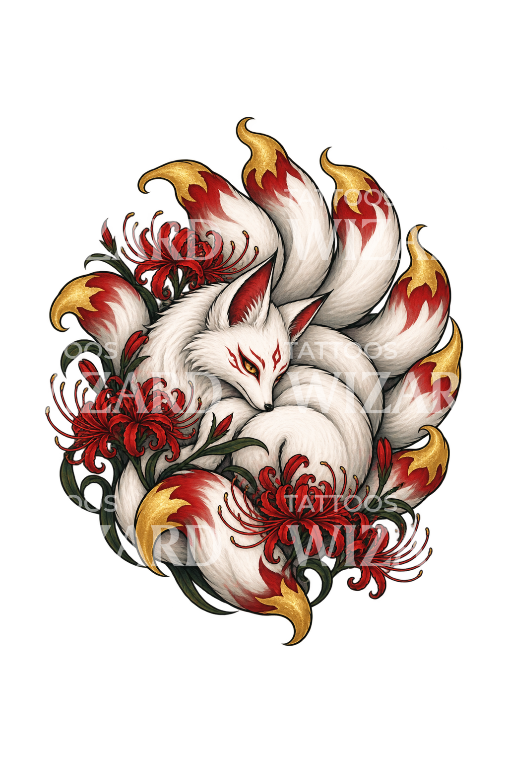Nine Tailed Kitsune Fox with Red Spider Lilies Tattoo