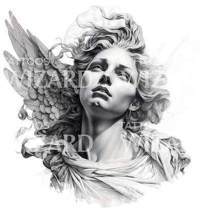 Black and Grey Angel Statue Tattoo Design