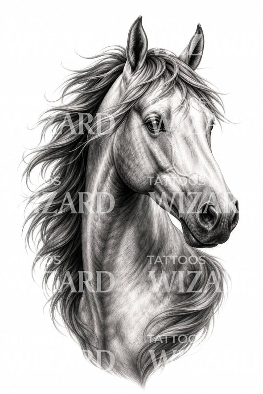 Diseño de tatuaje de retrato noble de cabeza de caballo