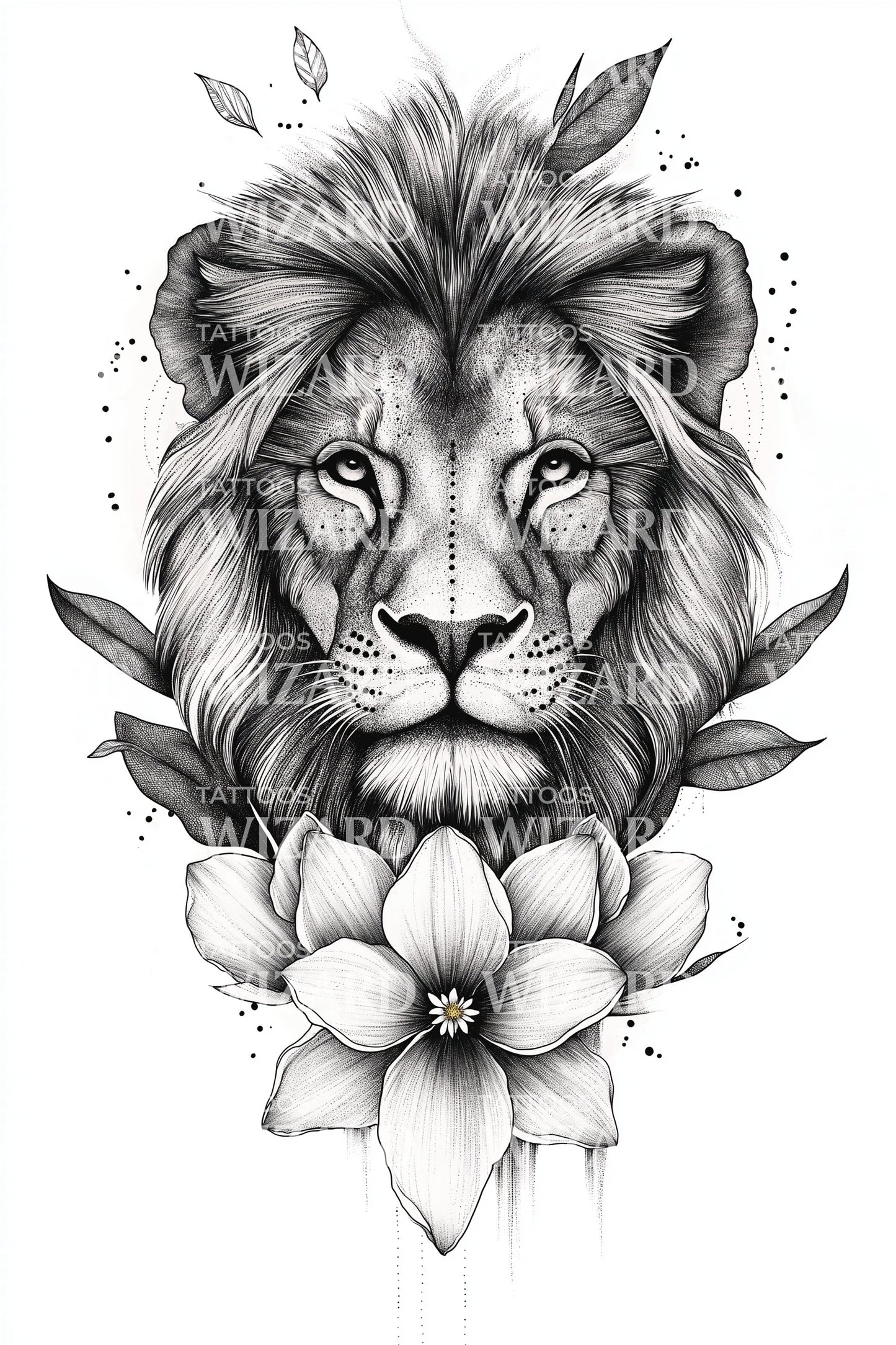 Noble Lion Lotus Portrait Tattoo Design