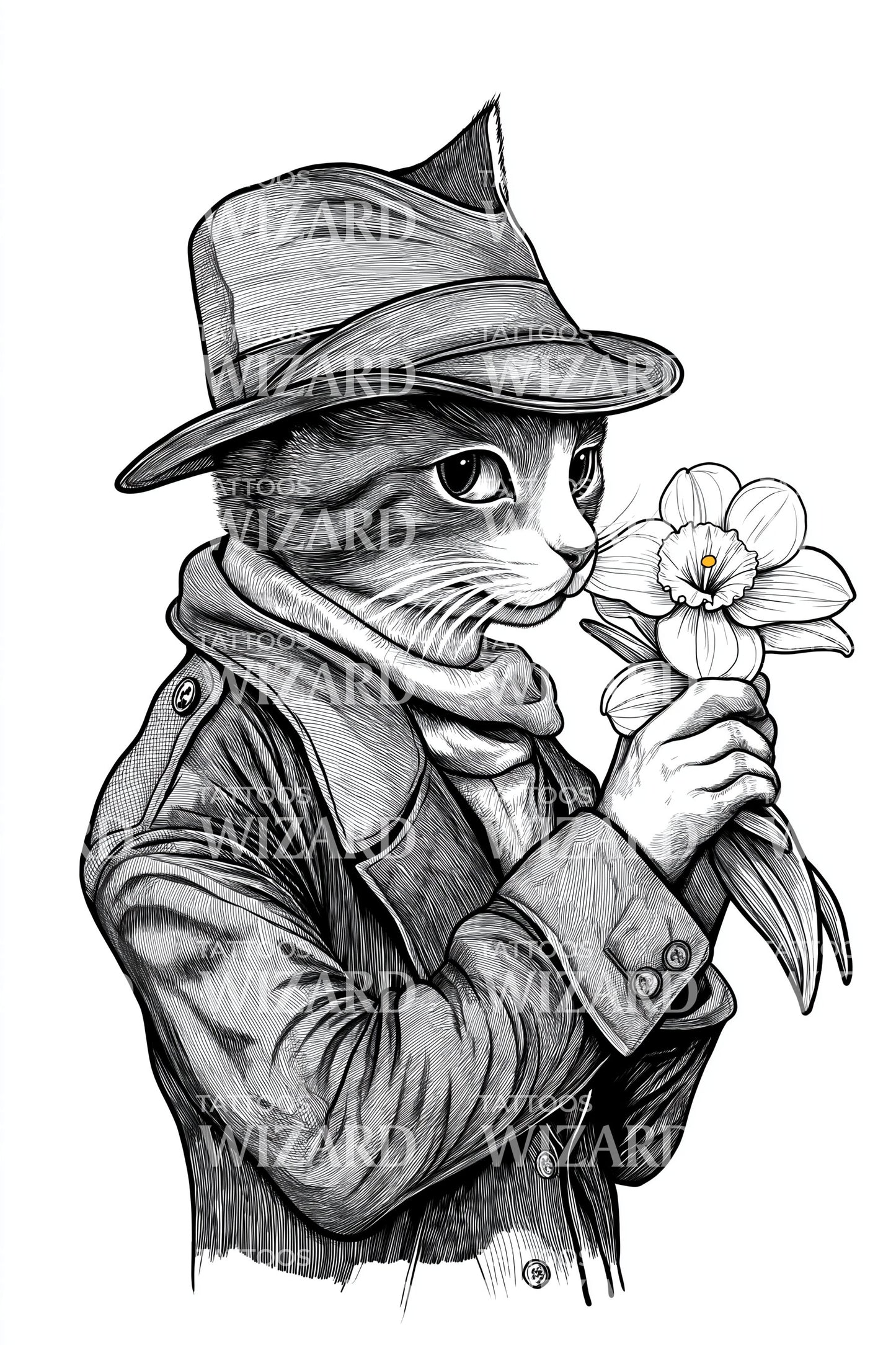 Ilustração de Tatuagem de Gato Noir com Narciso