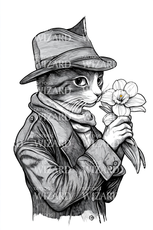 Noir Cat Daffodil Tattoo Illustration