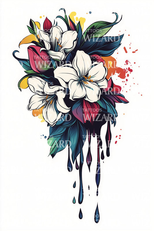 Noir Plumeria Drip Bouquet Tattoo Design