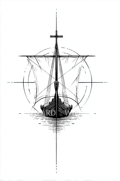 Nordic Longship Blueprint Tattoo Design