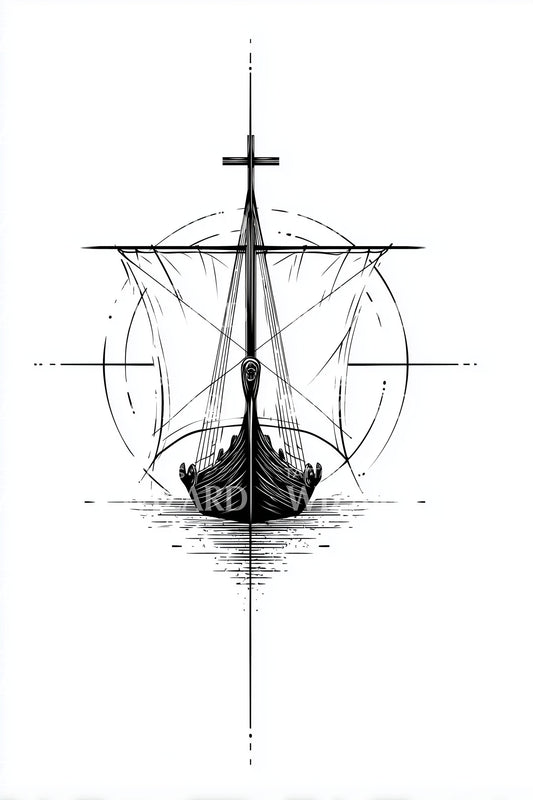 Nordic Longship Blueprint Tattoo Design