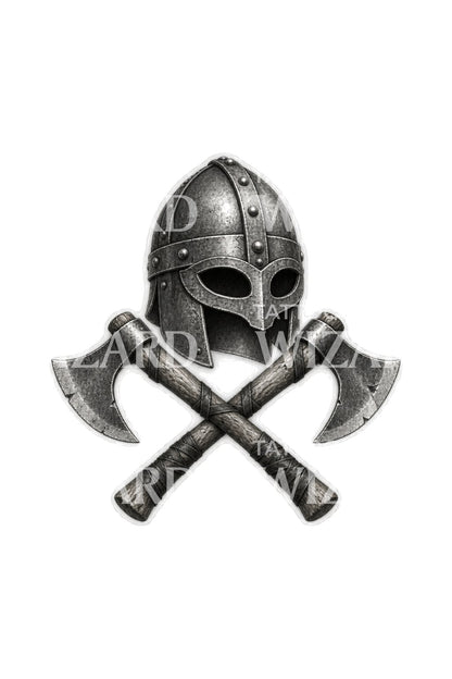 Norse Iron Helmet with Battle Axes Tattoo Design