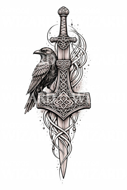 Norse Raven Sword Tattoo Design