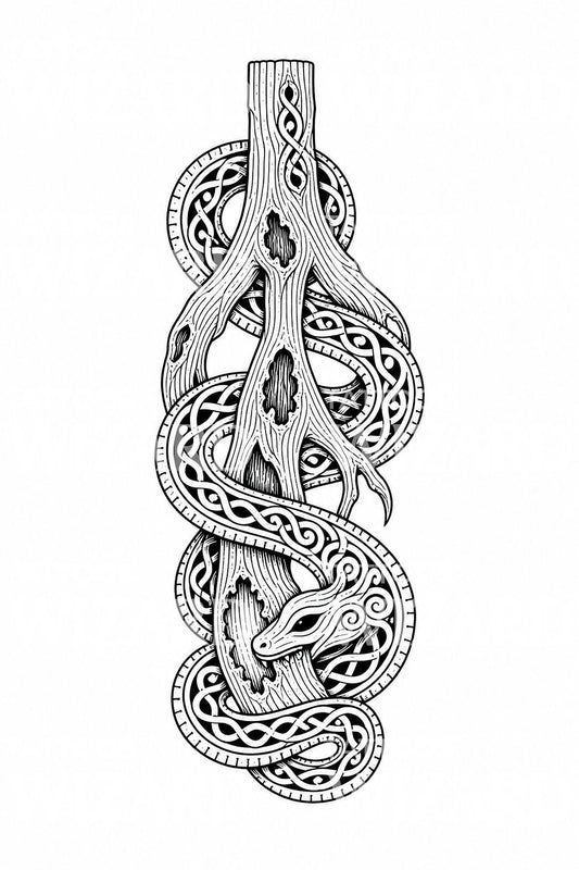 Diseño de tatuaje de serpiente nórdica en la raíz del árbol