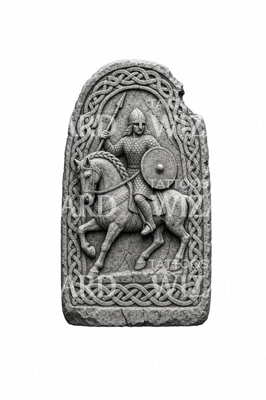 Diseño de tatuaje de doncella escudera nórdica en relieve de piedra