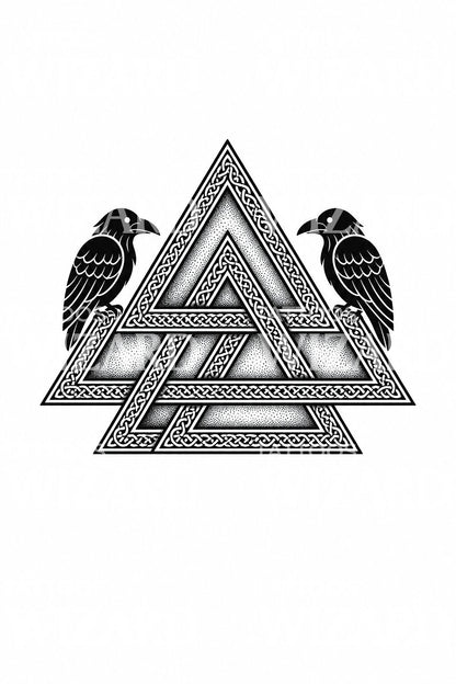 Idea de tatuaje nórdico con Valknut y cuervos