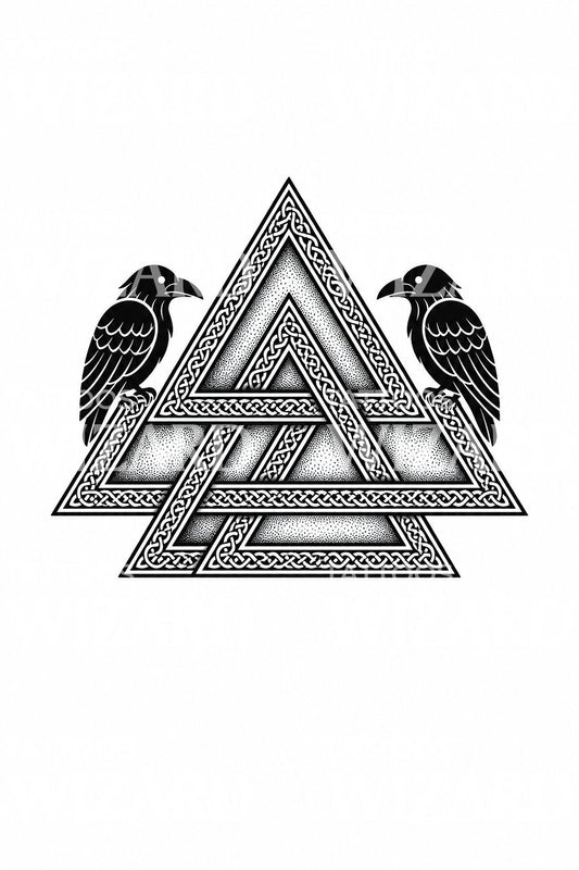 Pohjoismainen Valknut ja korpit -tatuointi-idea