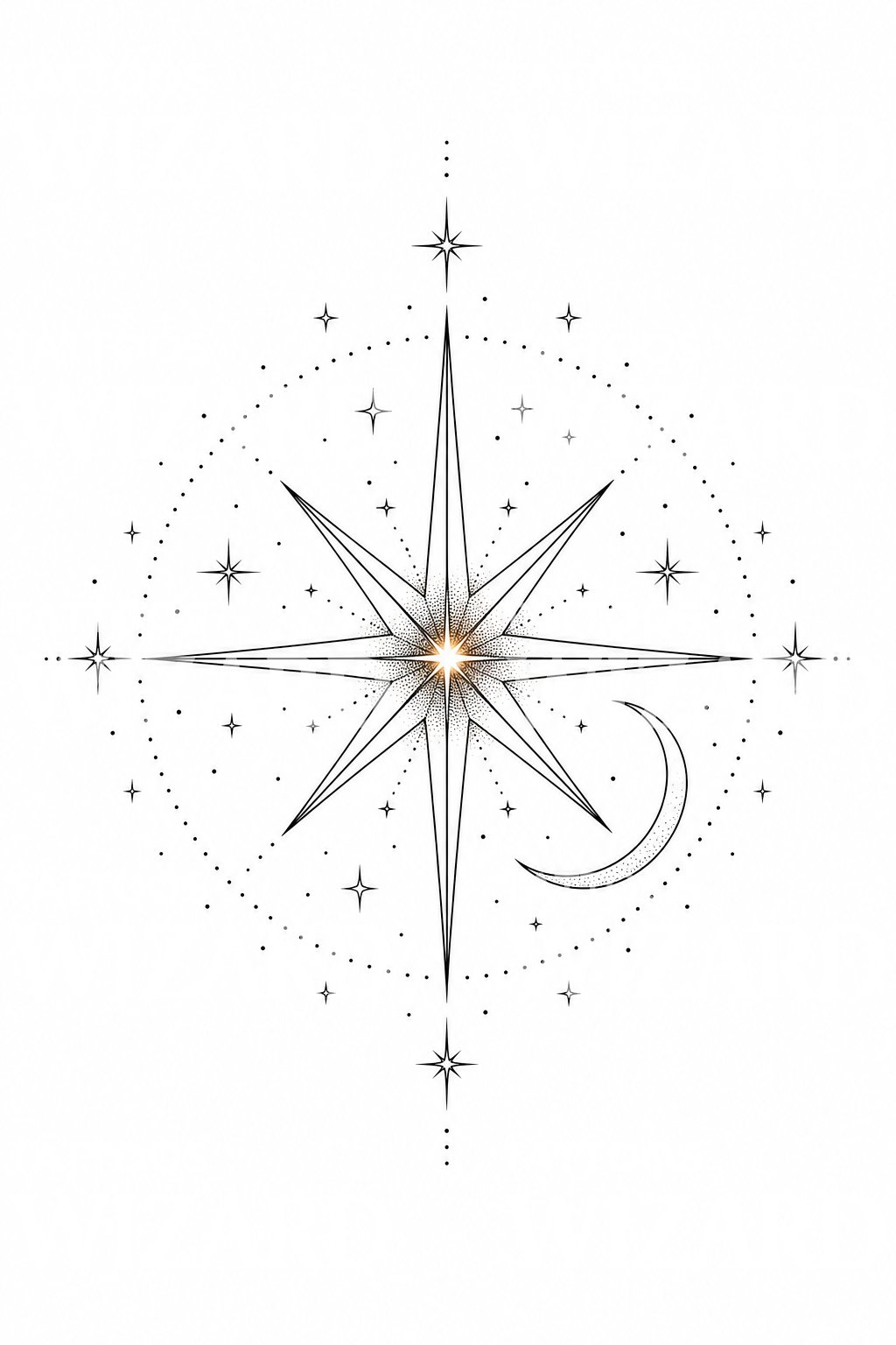 North Star Compass Fine Line Tattoo Design