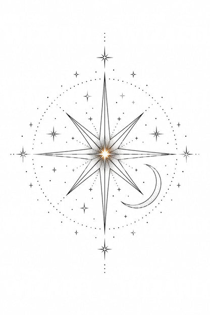 North Star Compass Fine Line Tattoo Design