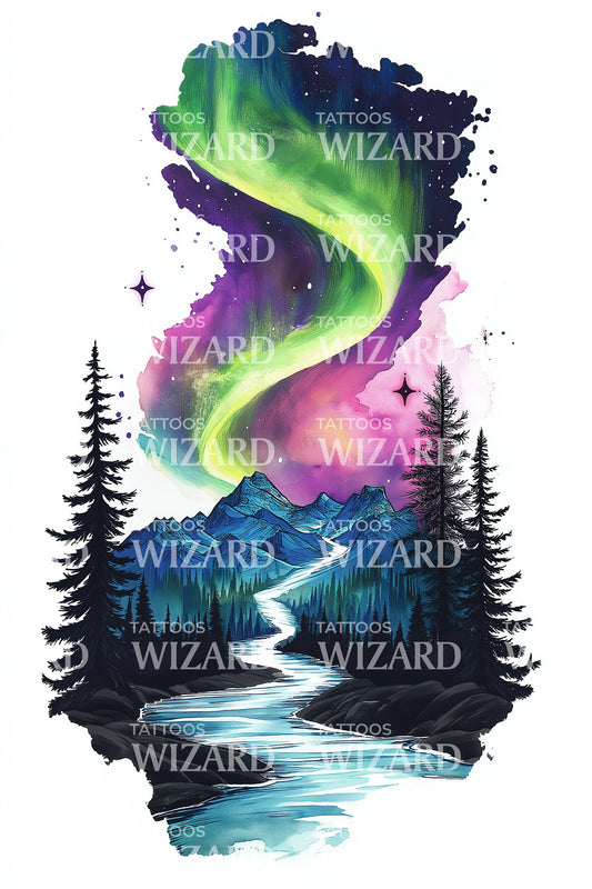 Northern Lights River Tattoo Design
