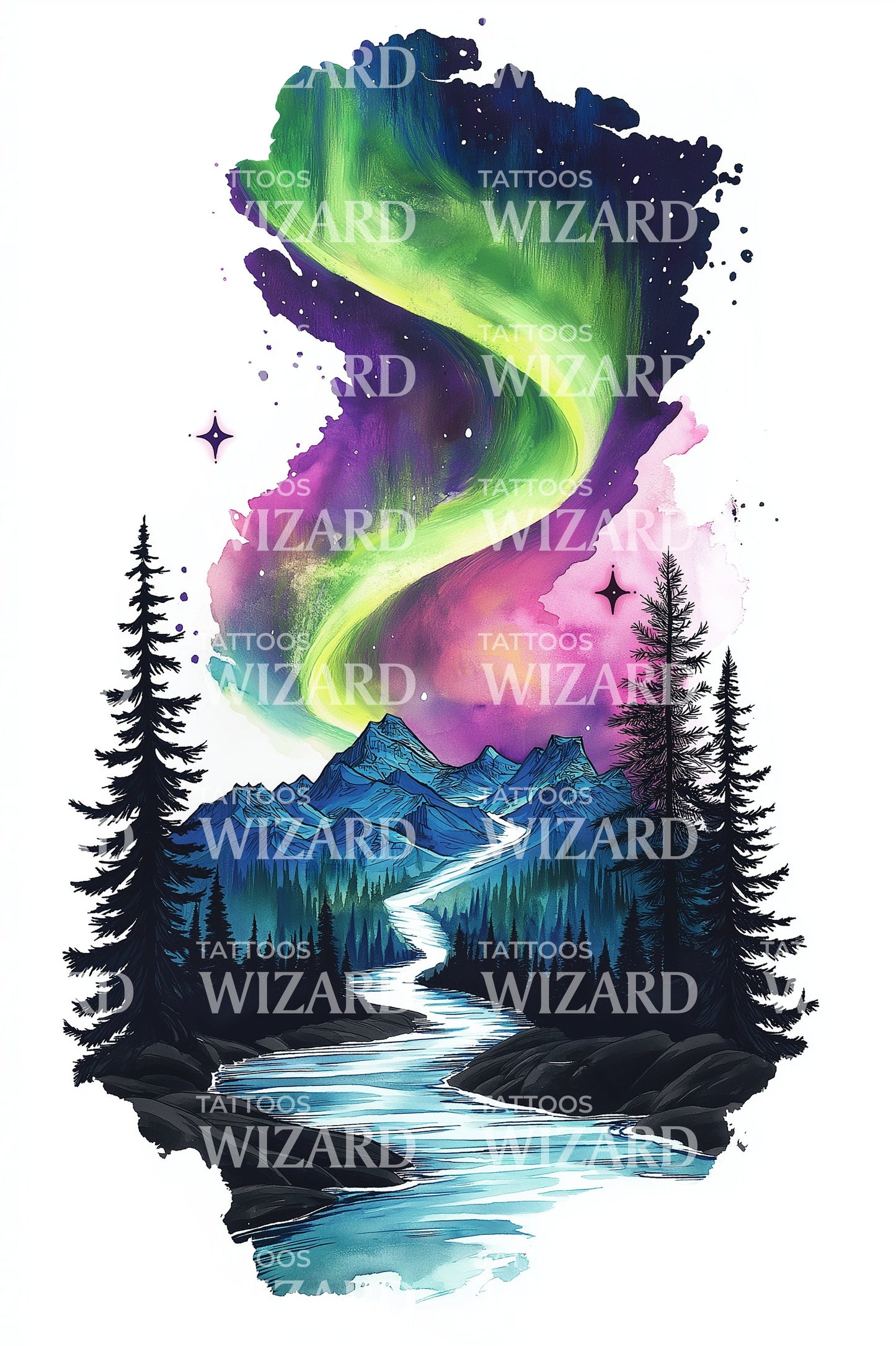 Northern Lights River Tattoo Design