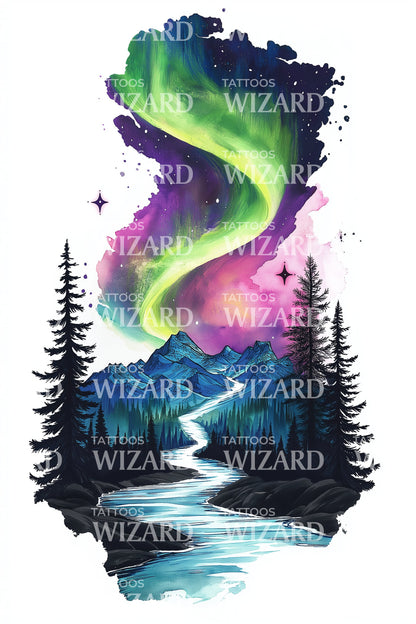 Northern Lights River Tattoo Design
