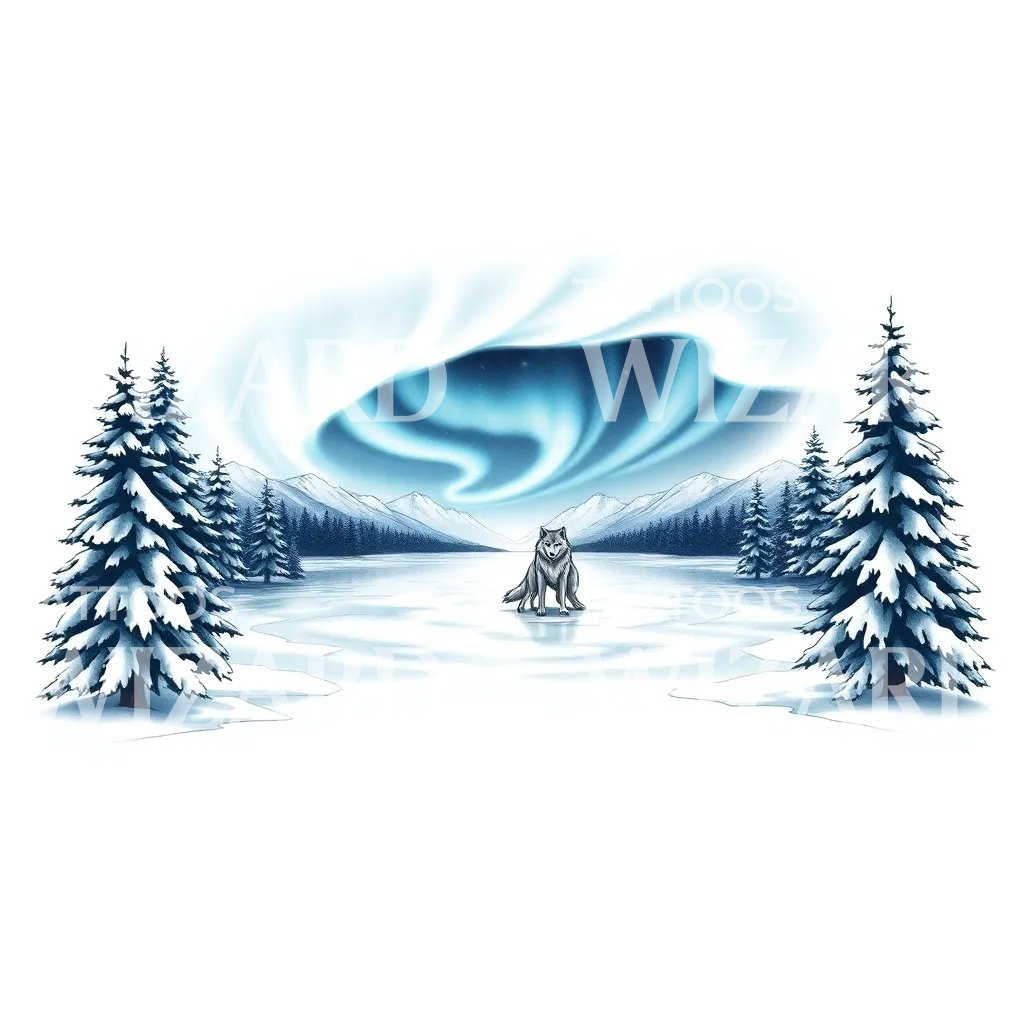 Northern Lights Wolf Tattoo Illustration