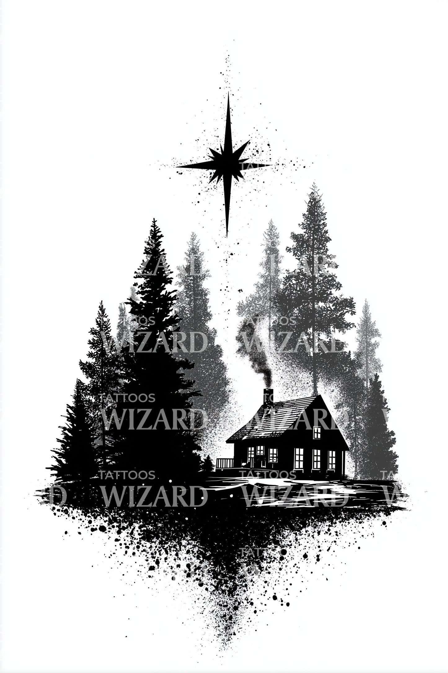 Northern Star Woodland Cabin Tattoo Design