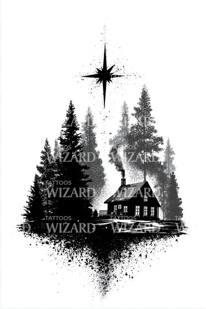 Northern Star Woodland Cabin Tattoo Design