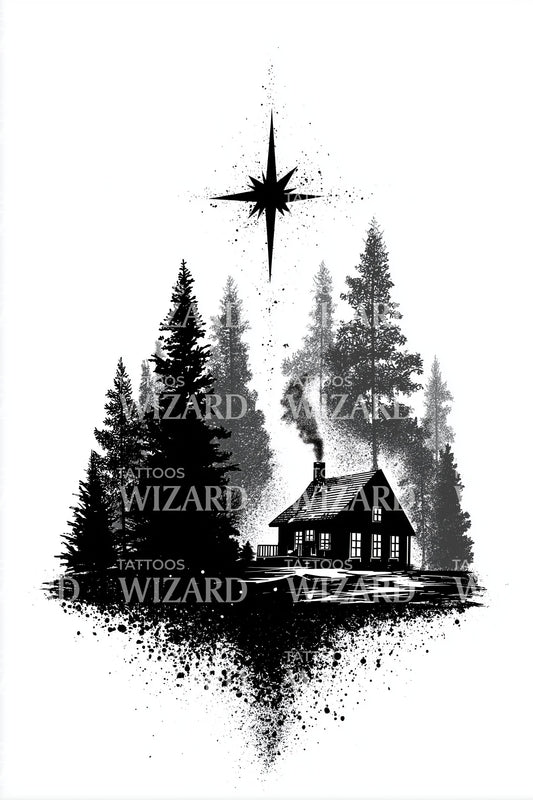 Northern Star Woodland Cabin Tattoo Design