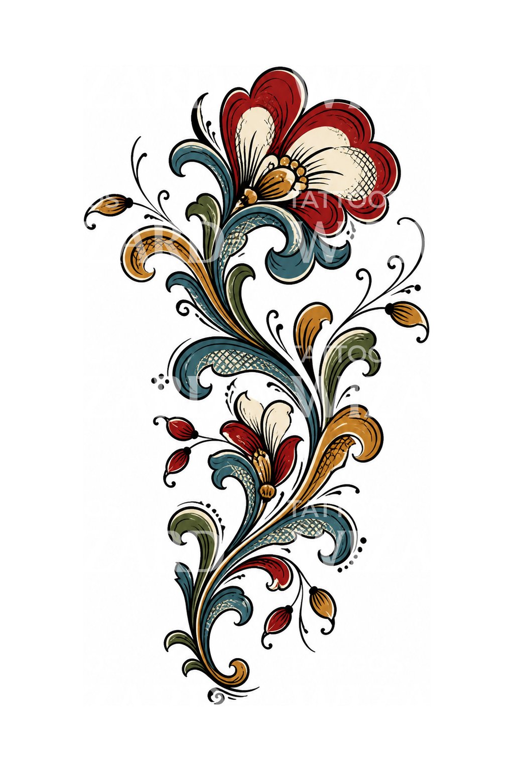 Norwegisches Blumenornament im Rosemaling-Stil als Tattoo-Design