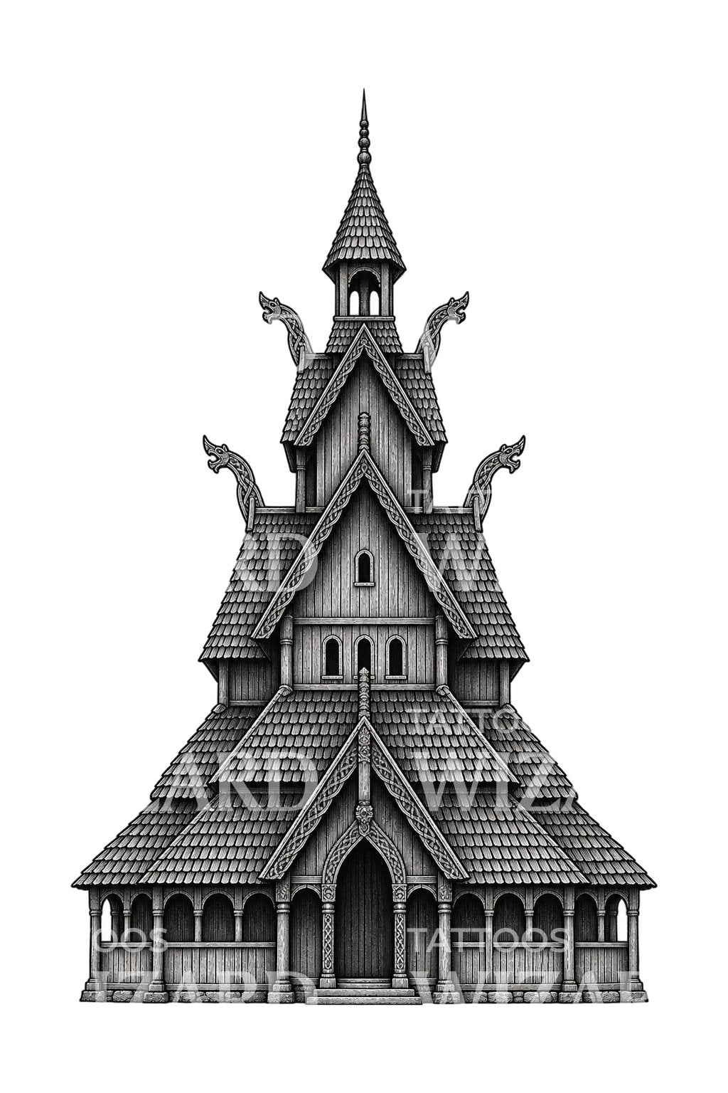 Norwegian Stave Church Dragon Gables Tattoo Illustration