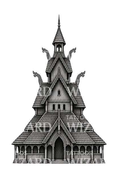 Norwegian Stave Church Dragon Gables Tattoo Illustration