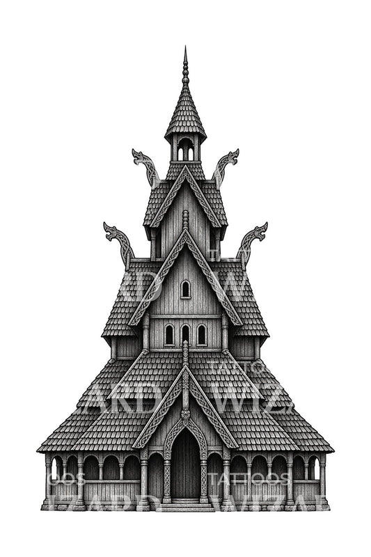 Illustration de tatouage d’une église en bois norvégienne aux pignons de dragon
