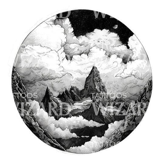 Nostalgic Mountain Landscape Ink Tattoo Design
