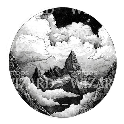 Nostalgic Mountain Landscape Ink Tattoo Design