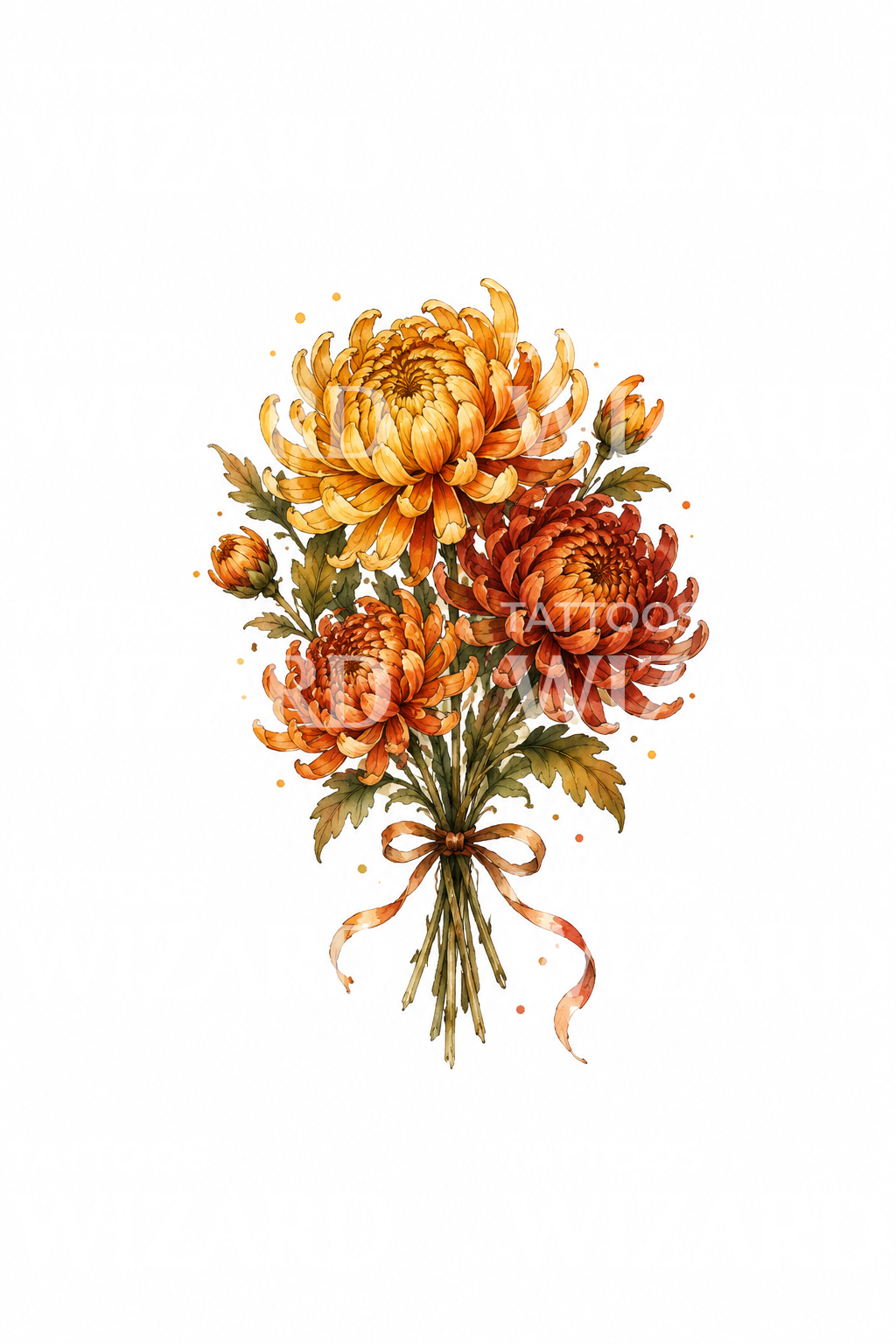 November Birth Flower Chrysanthemum Bouquet Watercolor Tattoo