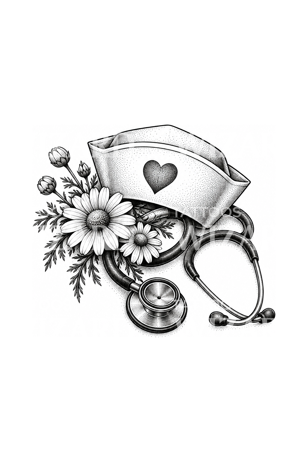 Nurse Cap Heart Stethoscope and Daisies Tattoo