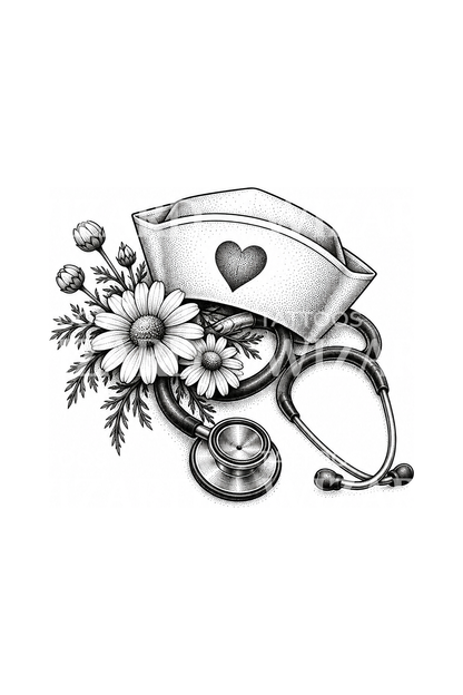 Nurse Cap Heart Stethoscope and Daisies Tattoo