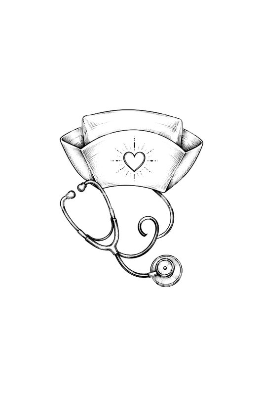 Sjuksköterskemössa med hjärta och stetoskop, fine line-tatuering