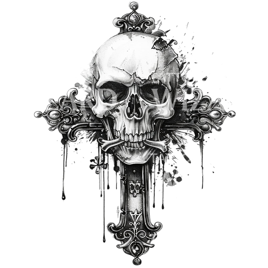 Totenkopf auf einem barocken Kreuz Tattoo-Design